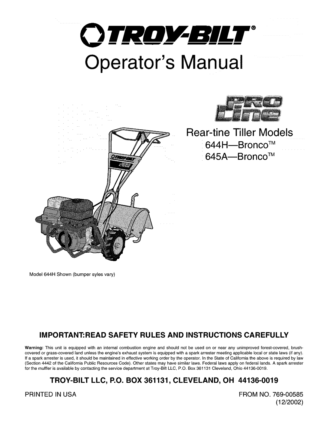 Troy-Bilt 644H manual TRtlI Bilt 