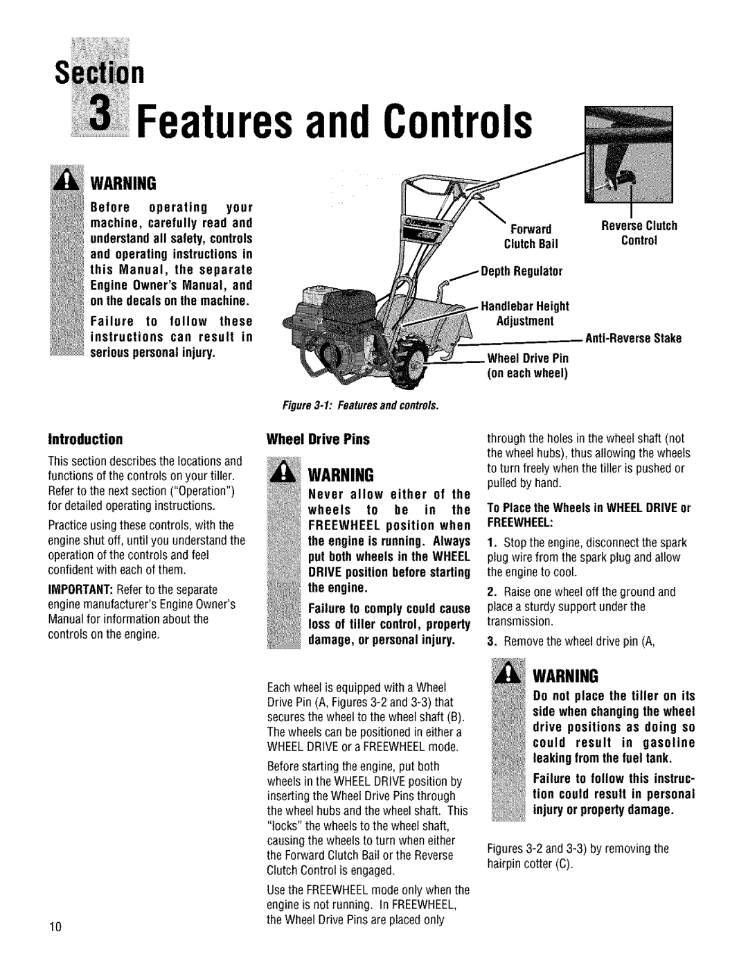 Troy-Bilt 644H Wheel Drive Pins, Forward Reverse Clutch ClutchBailControl Ulator, To Place the Wheels in WHEELDRIVEor 