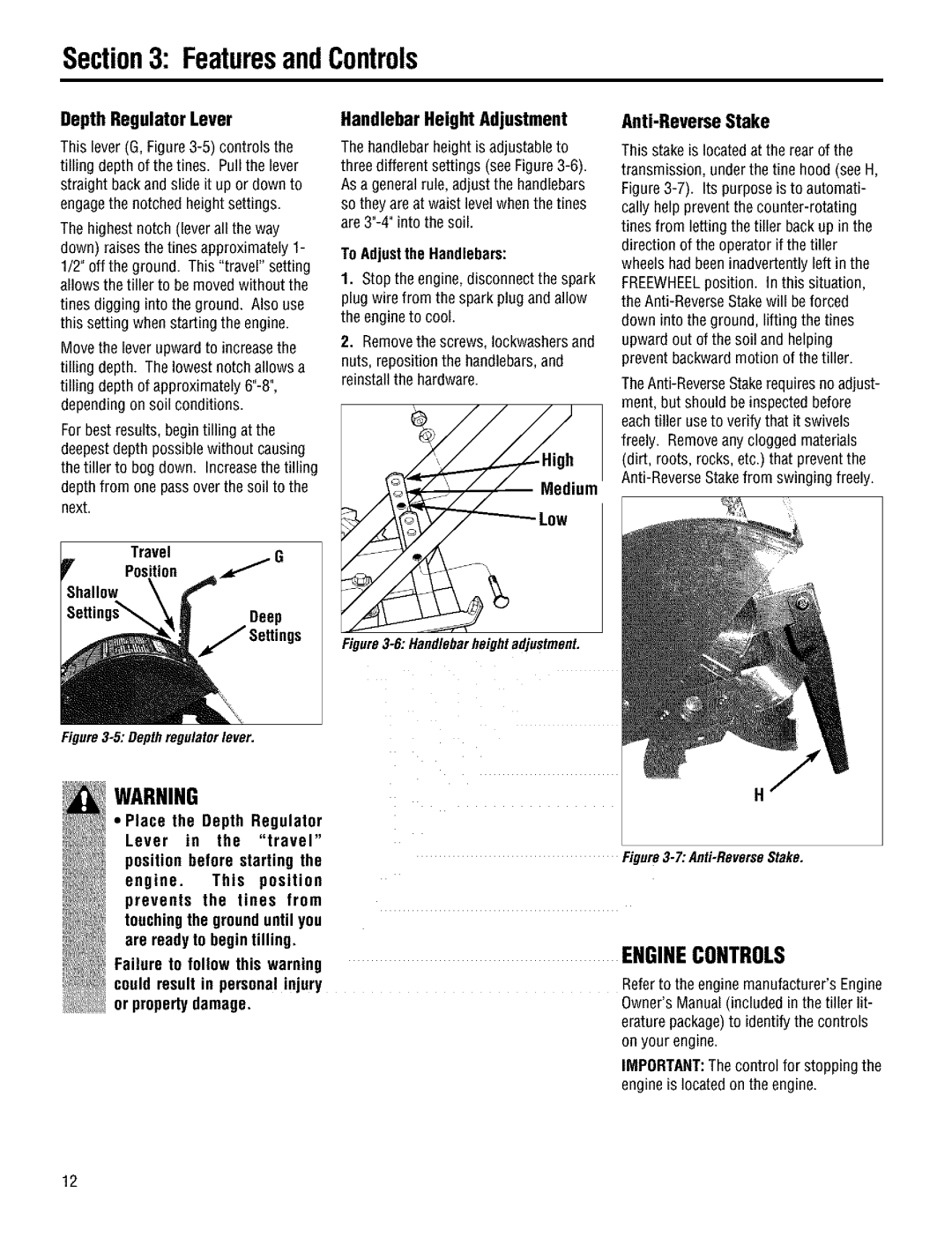 Troy-Bilt 644H DepthRegulatorLever, HandlebarHeightAdjustment, Anti-ReverseStake, To Adjustthe Handlebars, Travel Position 