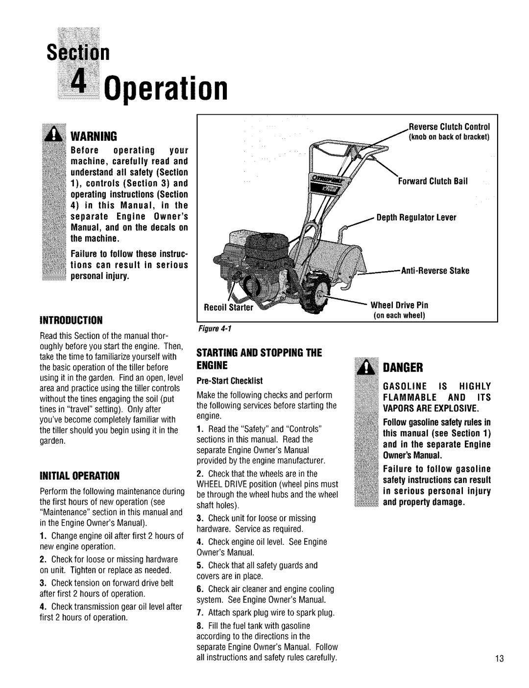 Troy-Bilt 644H manual Introduction, Initial Operation, Startingand Stoppingthe Engine, Pre-Start Checklist 