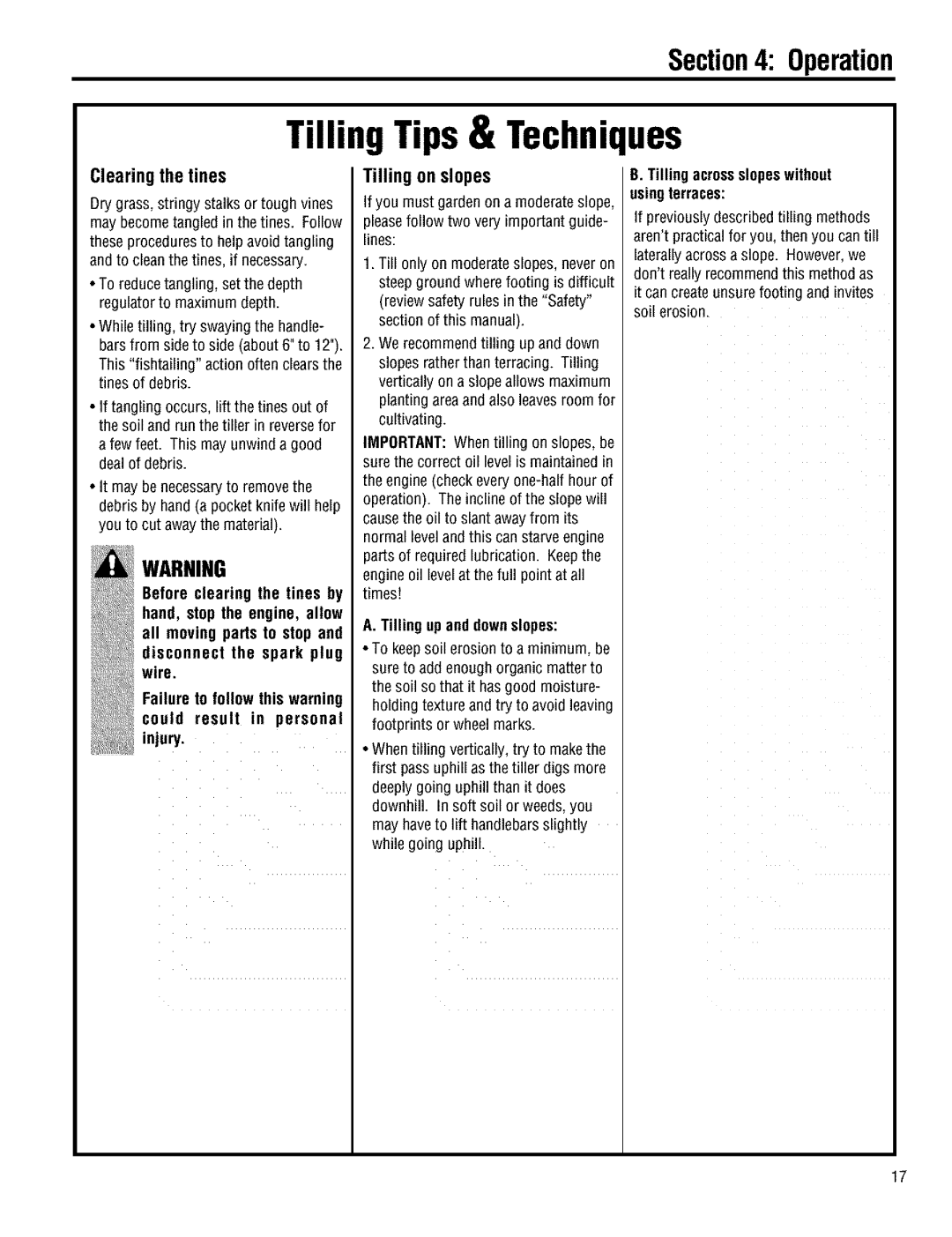 Troy-Bilt 644H Clearingthe tines, Tilling on slopes, Tilling up and downslopes, Tilling acrossslopeswithout using terraces 