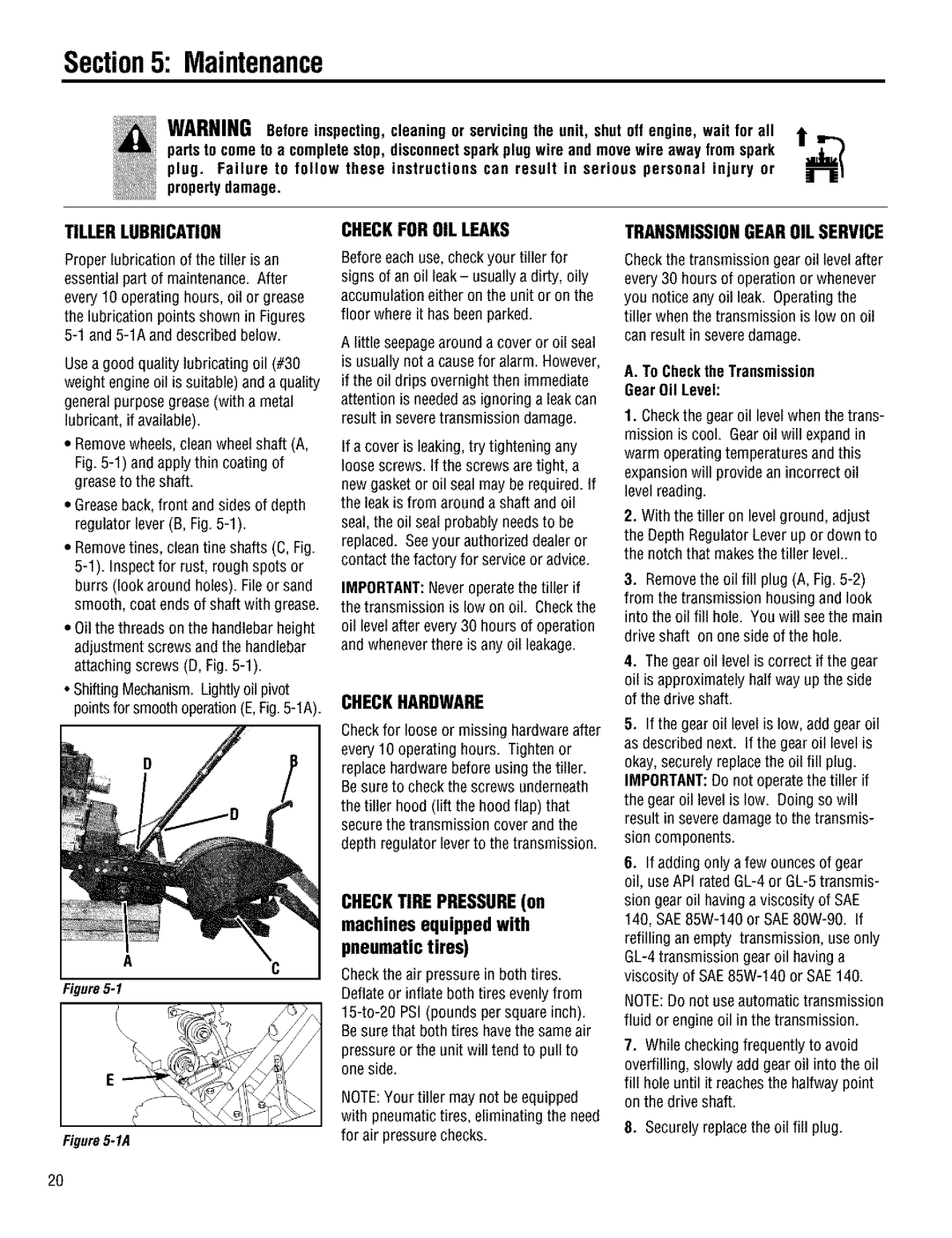 Troy-Bilt 644H manual Checkhardware, Tillerlubrication, Checkforoil Leaks, Transmissiongearoil Service 