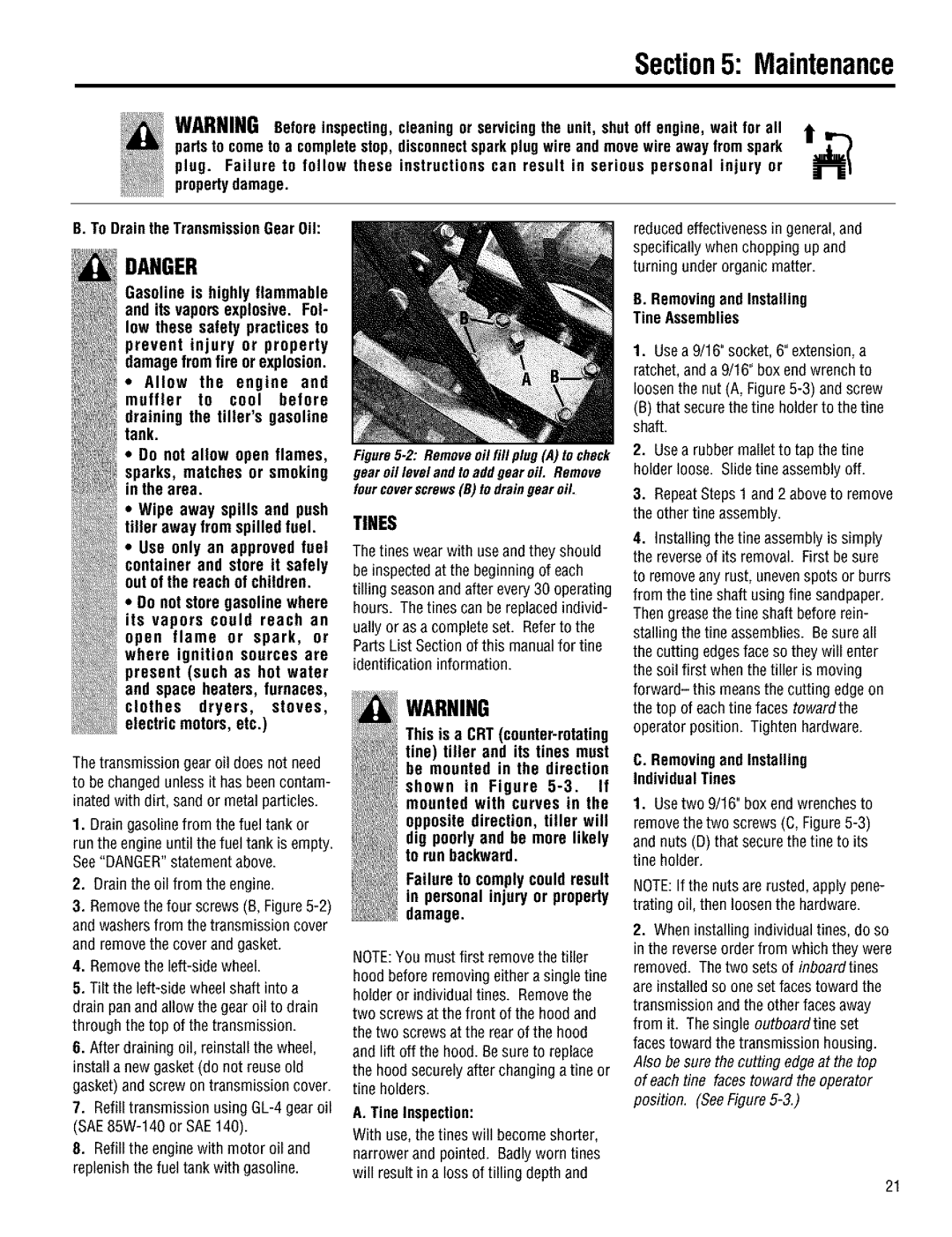 Troy-Bilt 644H manual Tine Inspection, Removingand Installing Tine Assemblies, Removingand Installing Individual Tines 