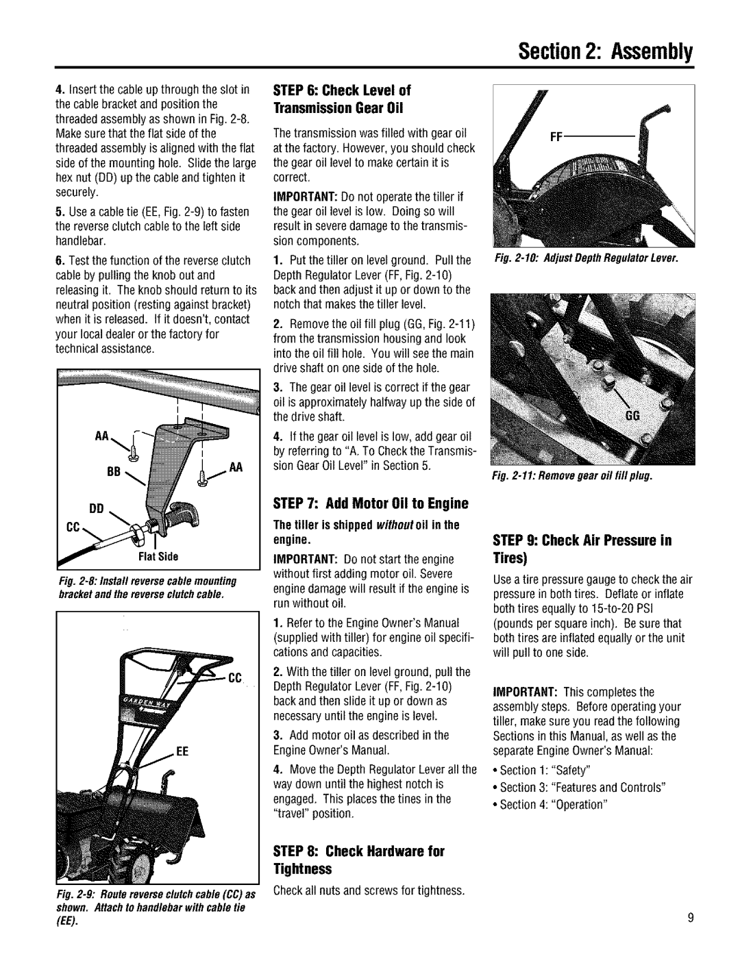 Troy-Bilt 644H manual CheckLevelof TransmissionGearOil, CheckAir Pressurein Tires, FlatSide 