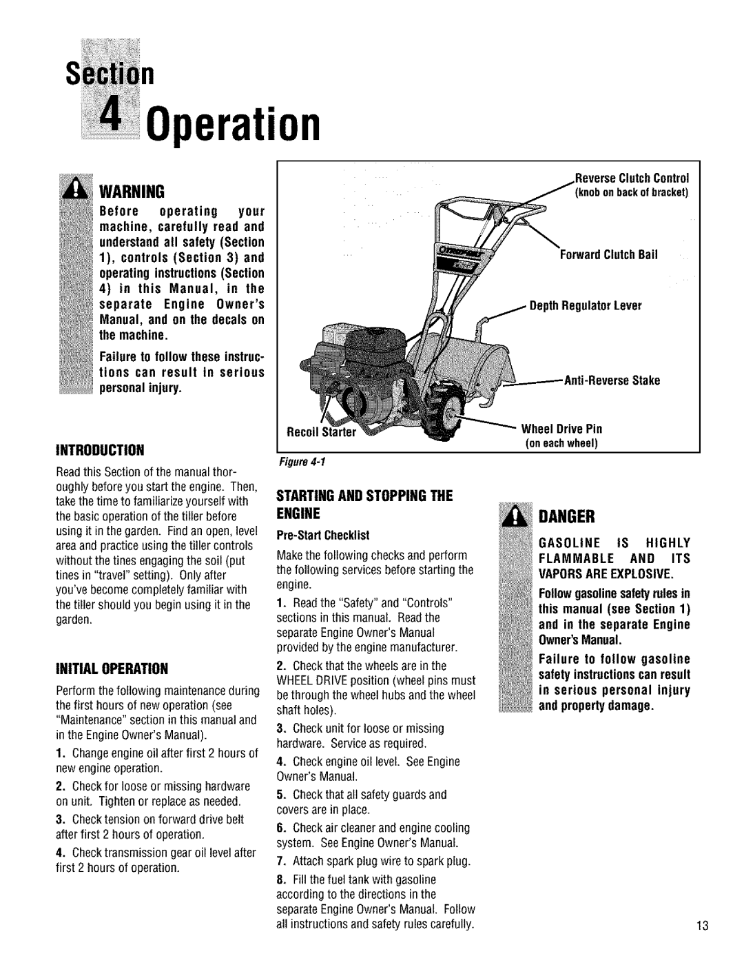 Troy-Bilt 644H manual Danger, Introduction, Initial Operation, Startingand Stoppingthe Engine, 1 