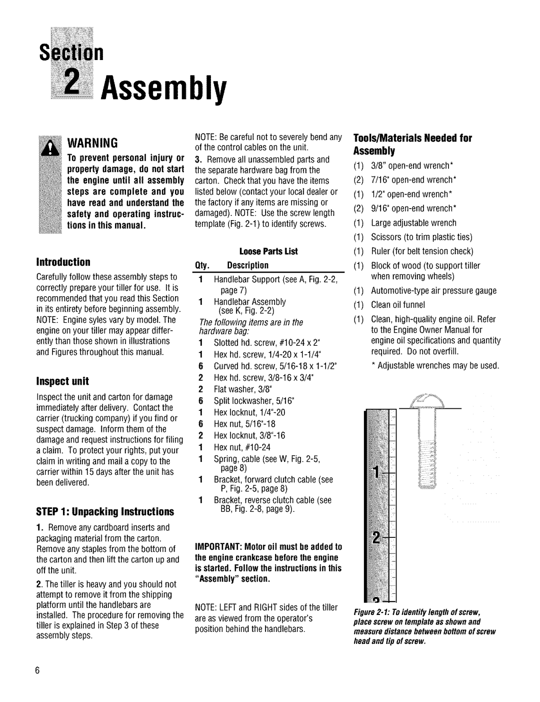 Troy-Bilt 644H UnpackingInstructions, ToolsMaterialsNeededfor Assembly, Introduction, Inspect unit, headandtip ofscrew 