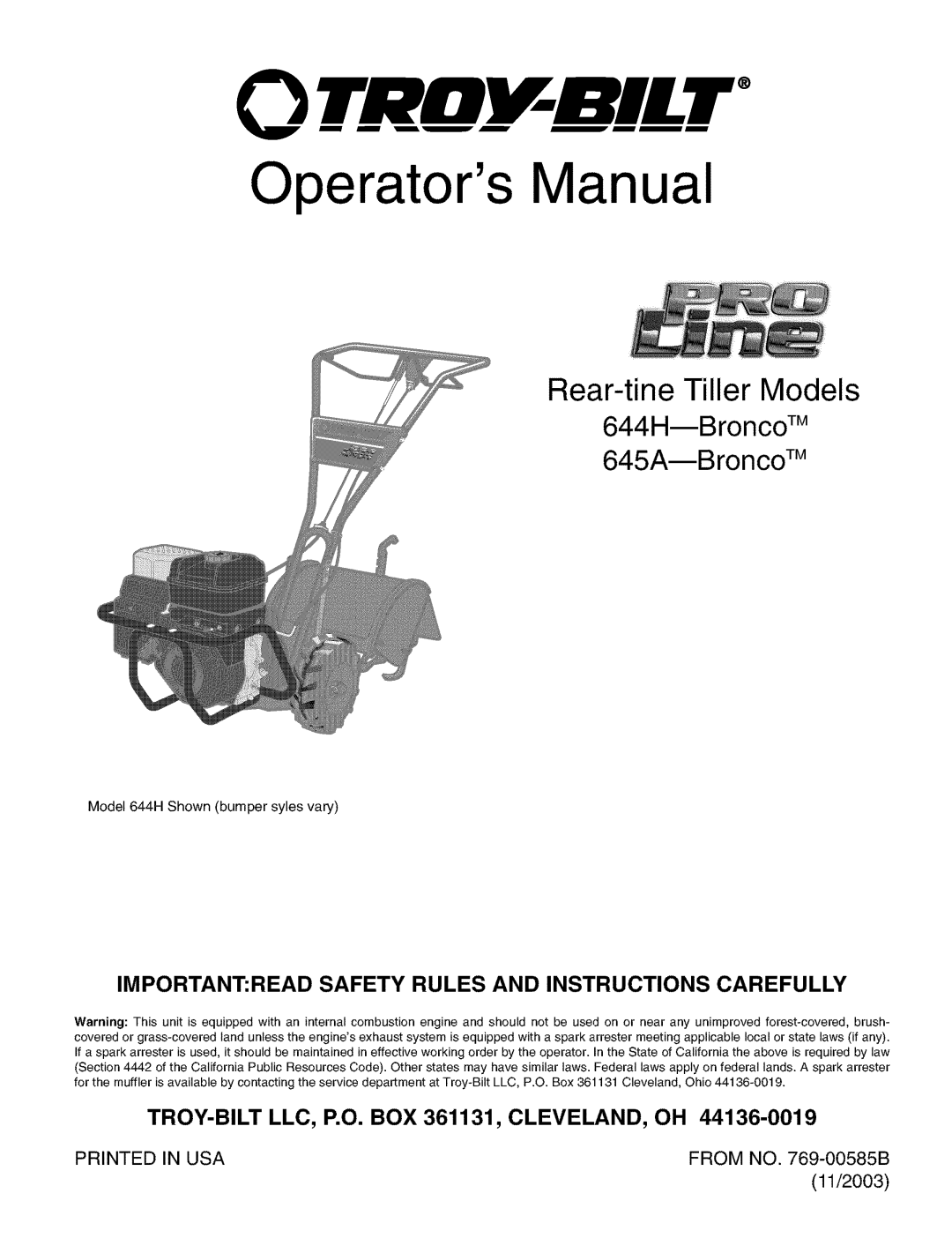 Troy-Bilt 645AMBRONCO, 644HMBRONCO manual TRtllcBILT 