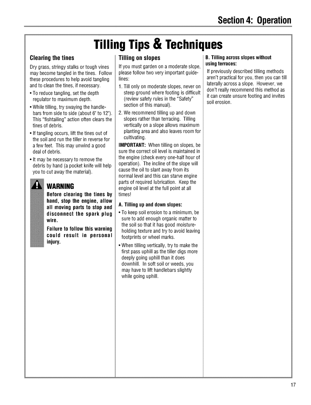 Troy-Bilt 645AMBRONCO, 644HMBRONCO manual Tilling on slopes, Clearing the tines, Tilling up and downslopes 