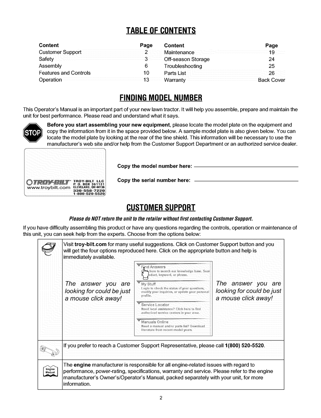 Troy-Bilt 644HMBRONCO, 645AMBRONCO manual Tableofcontents 