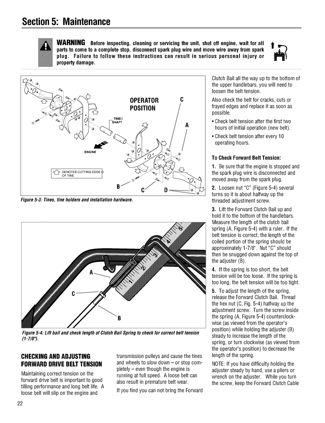 Troy-Bilt 644HMBRONCO, 645AMBRONCO Position, Checkingand Adjusting Forwarddrive Belttension, To CheckForwardBelt Tension 