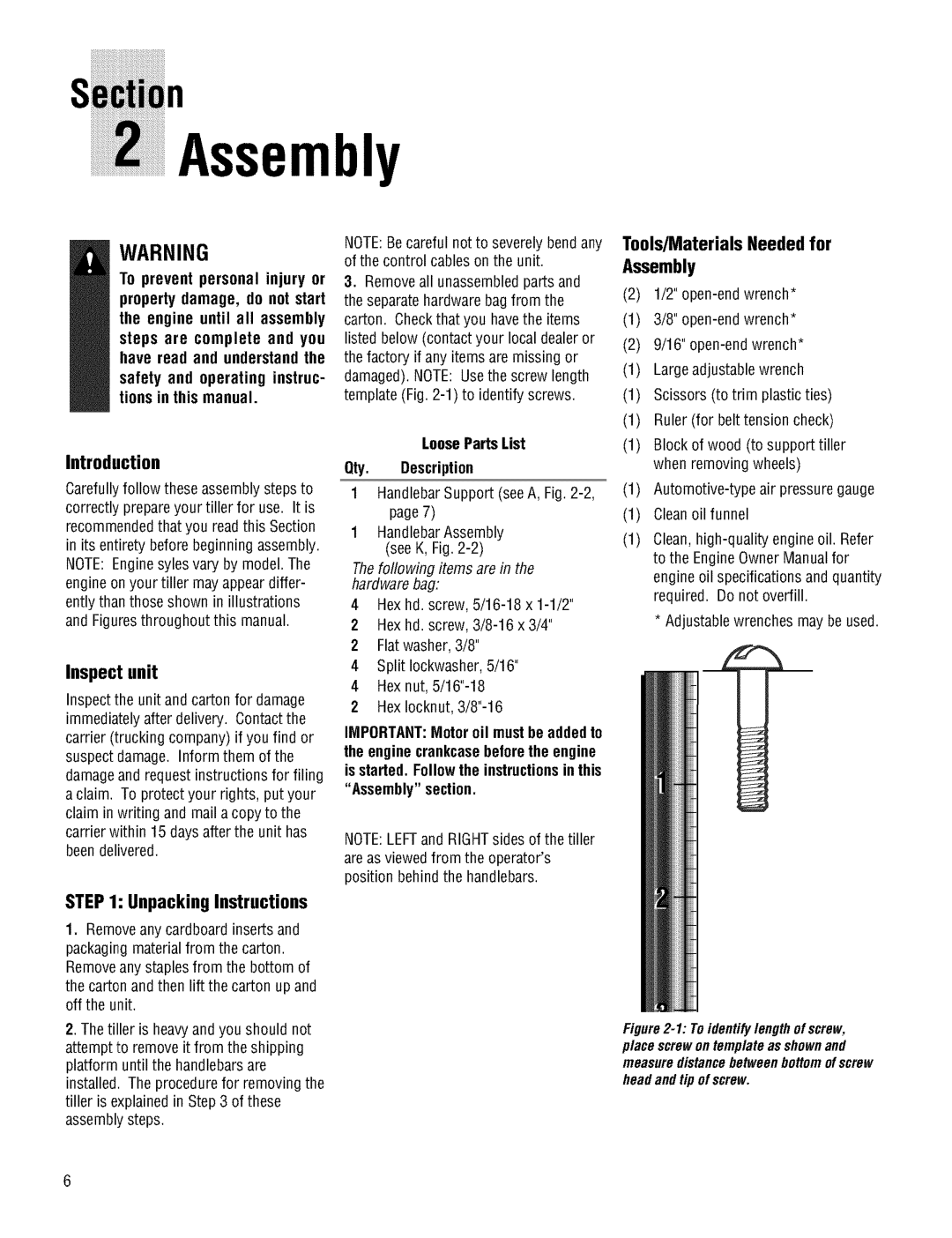 Troy-Bilt 644HMBRONCO, 645AMBRONCO Introduction, Inspectunit, Tools/MaterialsNeededfor Assembly, Unpacking Instructions 