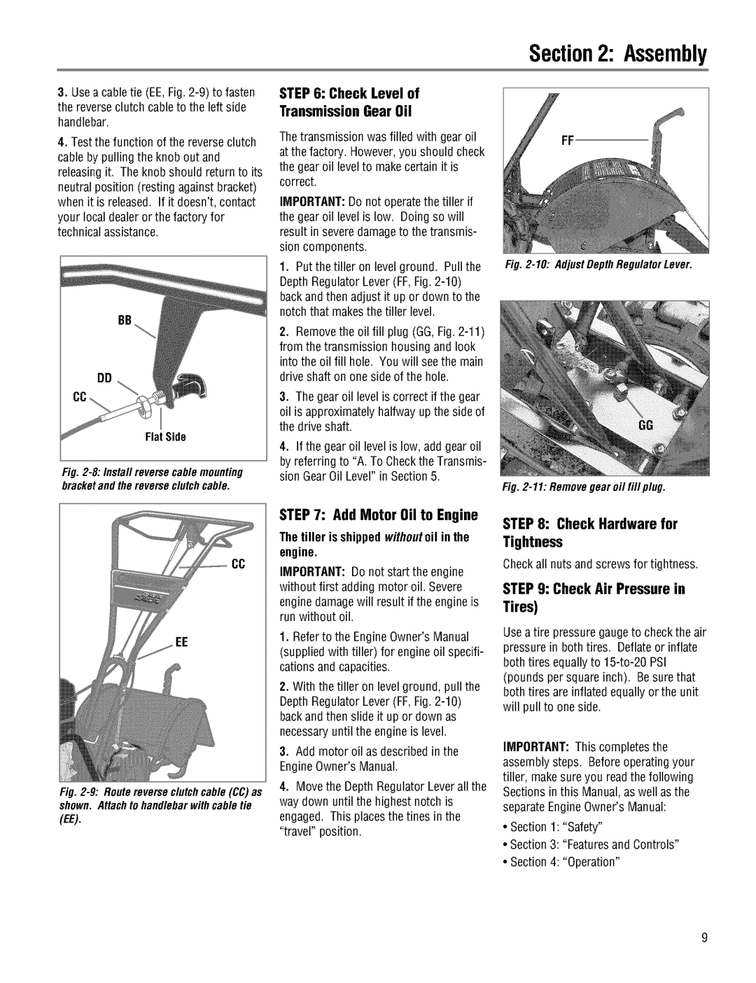 Troy-Bilt 645AMBRONCO, 644HMBRONCO CheckLevelof TransmissionGearOil, CheckAir Pressurein Tires, Add Motor Oil to Engine 