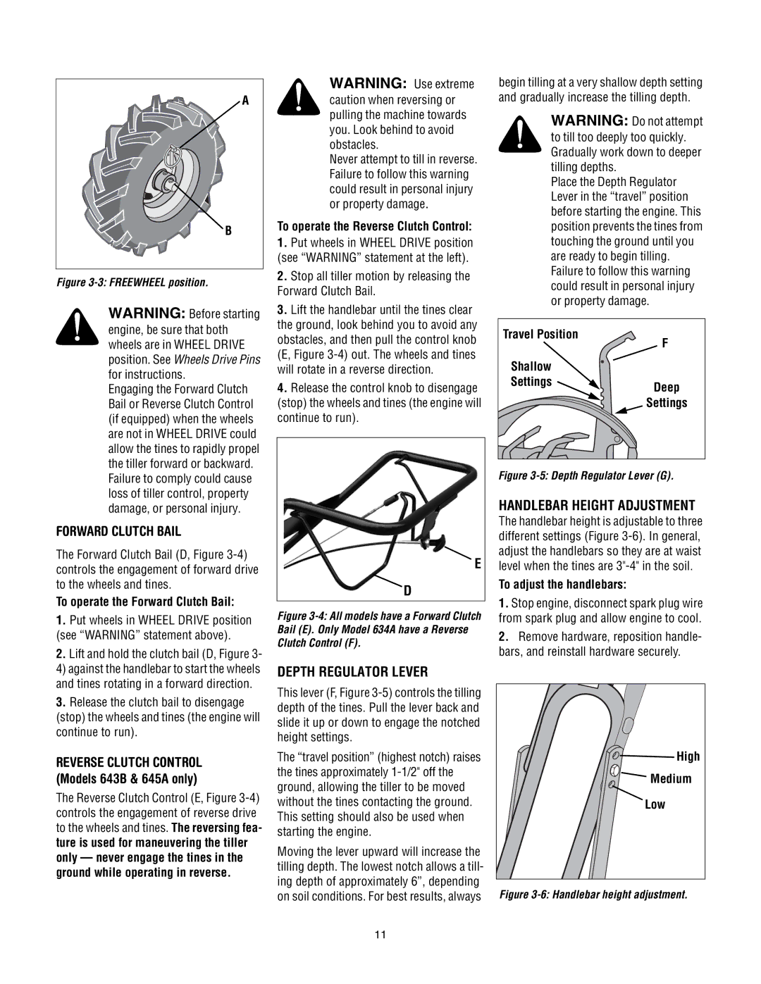 Troy-Bilt 643D-Tuffy/Bronco, 643B, 645A - Super Bronco manual Depth Regulator Lever, Handlebar Height Adjustment 