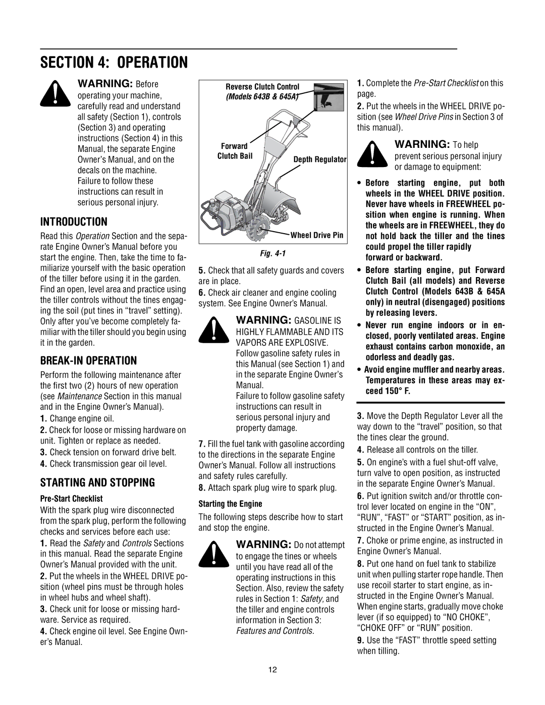 Troy-Bilt 645A, 643D, 643B manual Introduction BREAK-IN Operation, Starting and Stopping, Change engine oil 