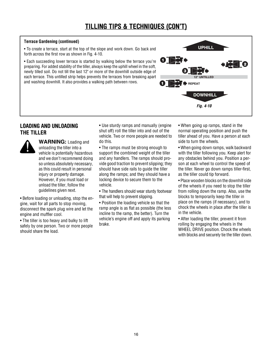 Troy-Bilt 643D-Tuffy/Bronco, 643B, 645A - Super Bronco manual Loading and Unloading the Tiller, Terrace Gardening 