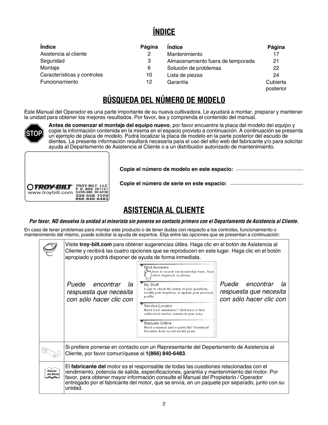 Troy-Bilt 643B, 645A, 643D manual Búsqueda DEL Número DE Modelo, Asistencia AL Cliente, Índice Página, Unidad 