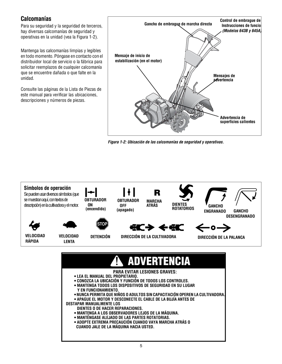 Troy-Bilt 643D-Tuffy/Bronco, 643B, 645A - Super Bronco manual Advertencia 