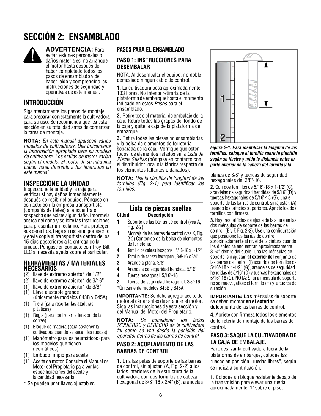 Troy-Bilt 643B, 645A, 643D manual Introducción, Inspeccione LA Unidad, Ctdad. Descripción 