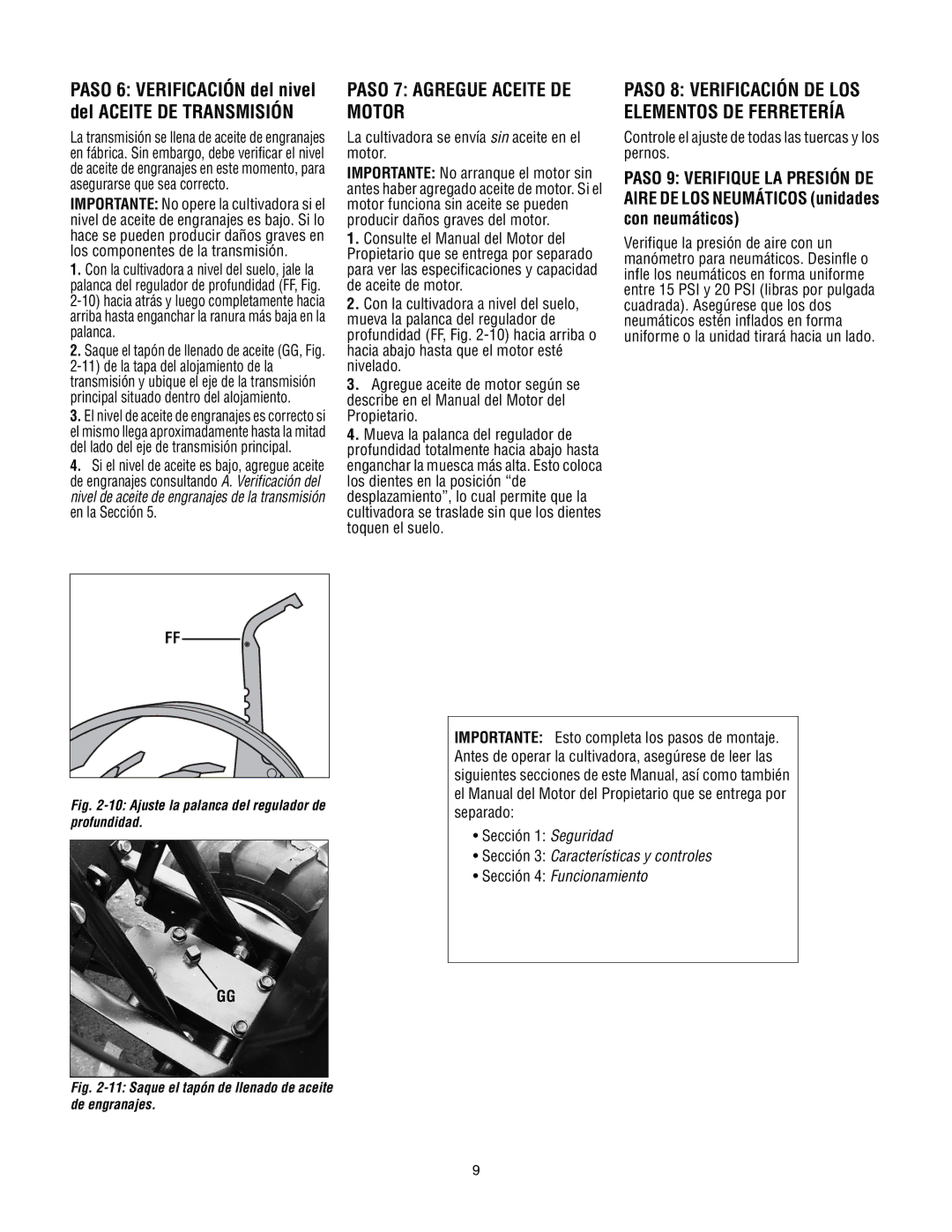 Troy-Bilt 643D Paso 6 Verificación del nivel del Aceite DE Transmisión, La cultivadora se envía sin aceite en el motor 