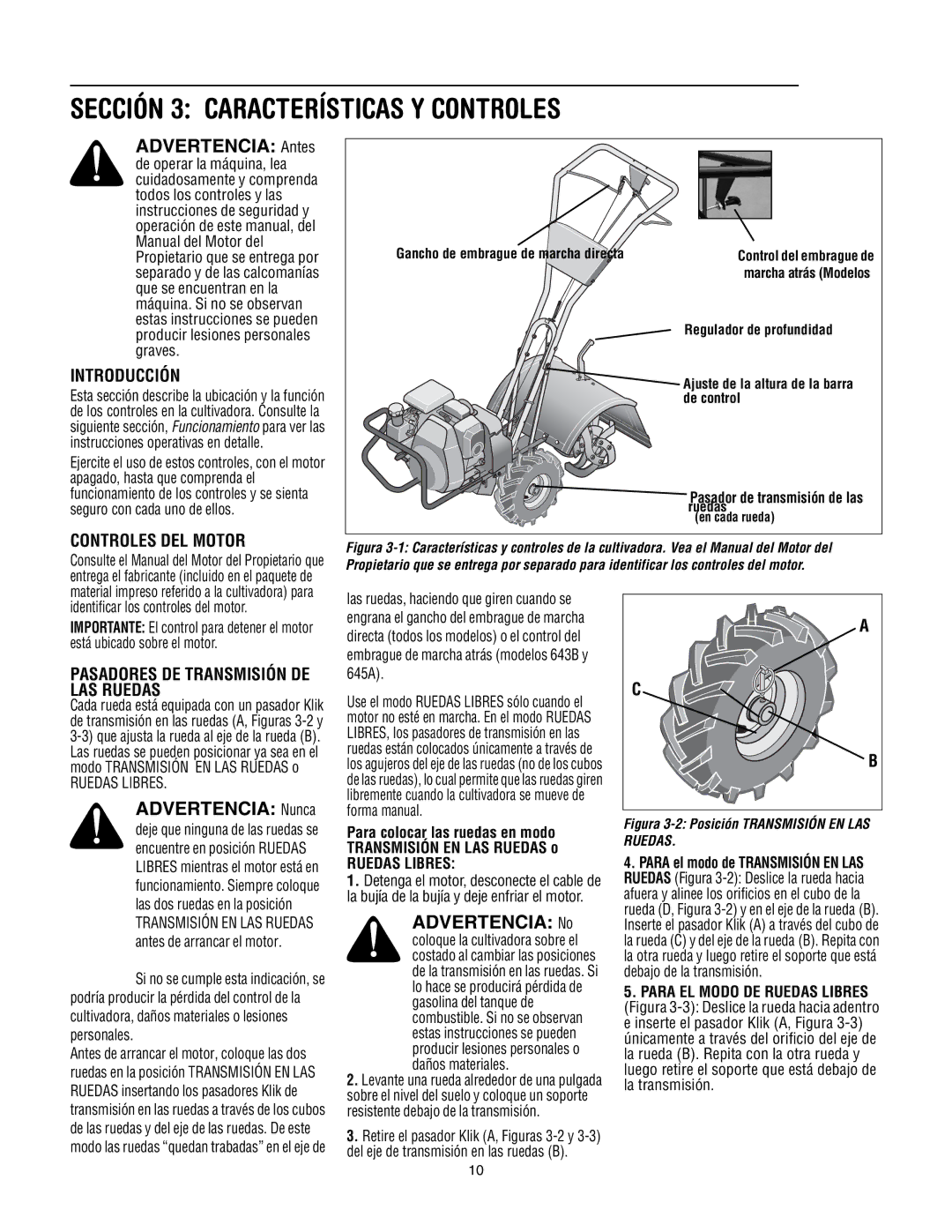 Troy-Bilt 643B, 645A, 643D manual Introducción, Controles DEL Motor, Pasador de transmisión de las ruedas 