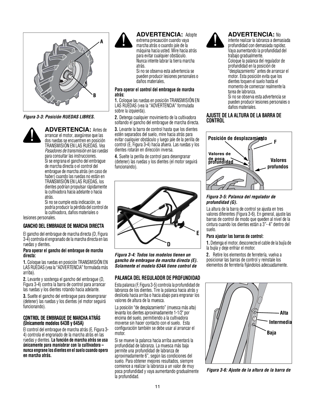 Troy-Bilt 643D-Tuffy/Bronco, 643B, 645A - Super Bronco manual Ajuste DE LA Altura DE LA Barra DE Control 