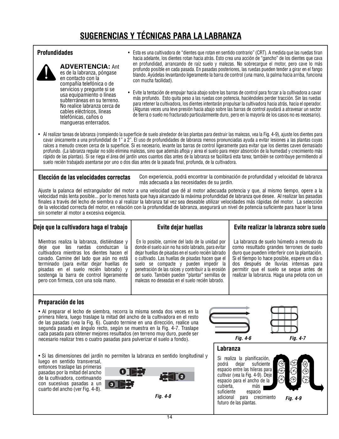 Troy-Bilt 643B, 645A, 643D manual Sugerencias Y Técnicas Para LA Labranza, Profundidades Advertencia Ant, Evite dejar huellas 