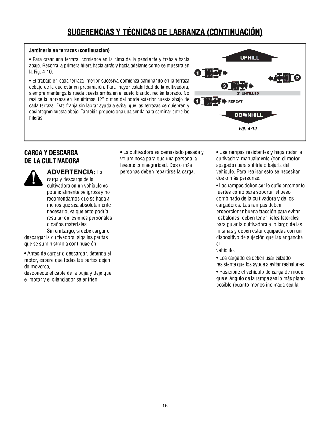 Troy-Bilt 645A, 643D, 643B manual Carga Y Descarga DE LA Cultivadora, Jardinería en terrazas continuación 