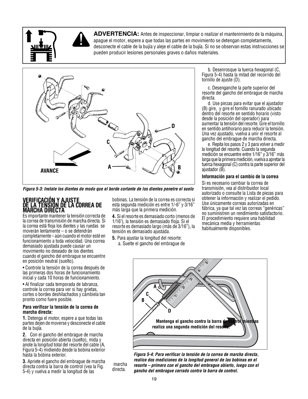 Troy-Bilt 643D-Tuffy/Bronco, 643B, 645A - Super Bronco manual Verificación Y Ajuste, Marcha Directa, Avance, Marcha directa 