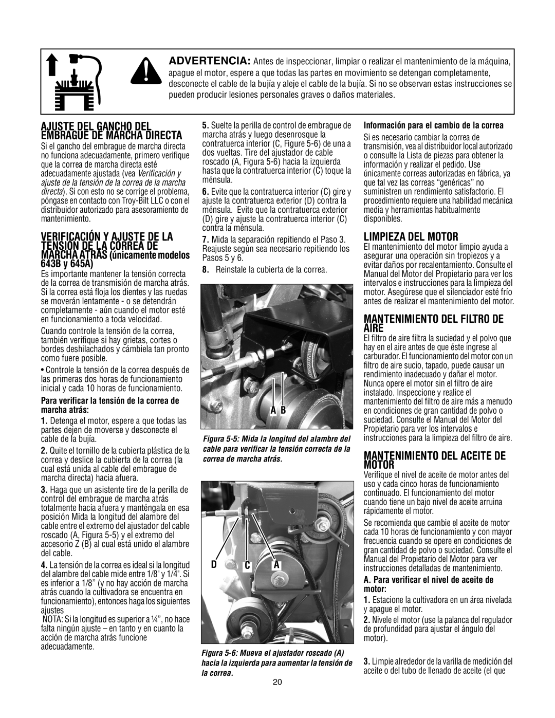 Troy-Bilt 643D Limpieza DEL Motor, Mantenimiento DEL Filtro DE Aire, Mantenimiento DEL Aceite DE Motor, 643B y 645A 