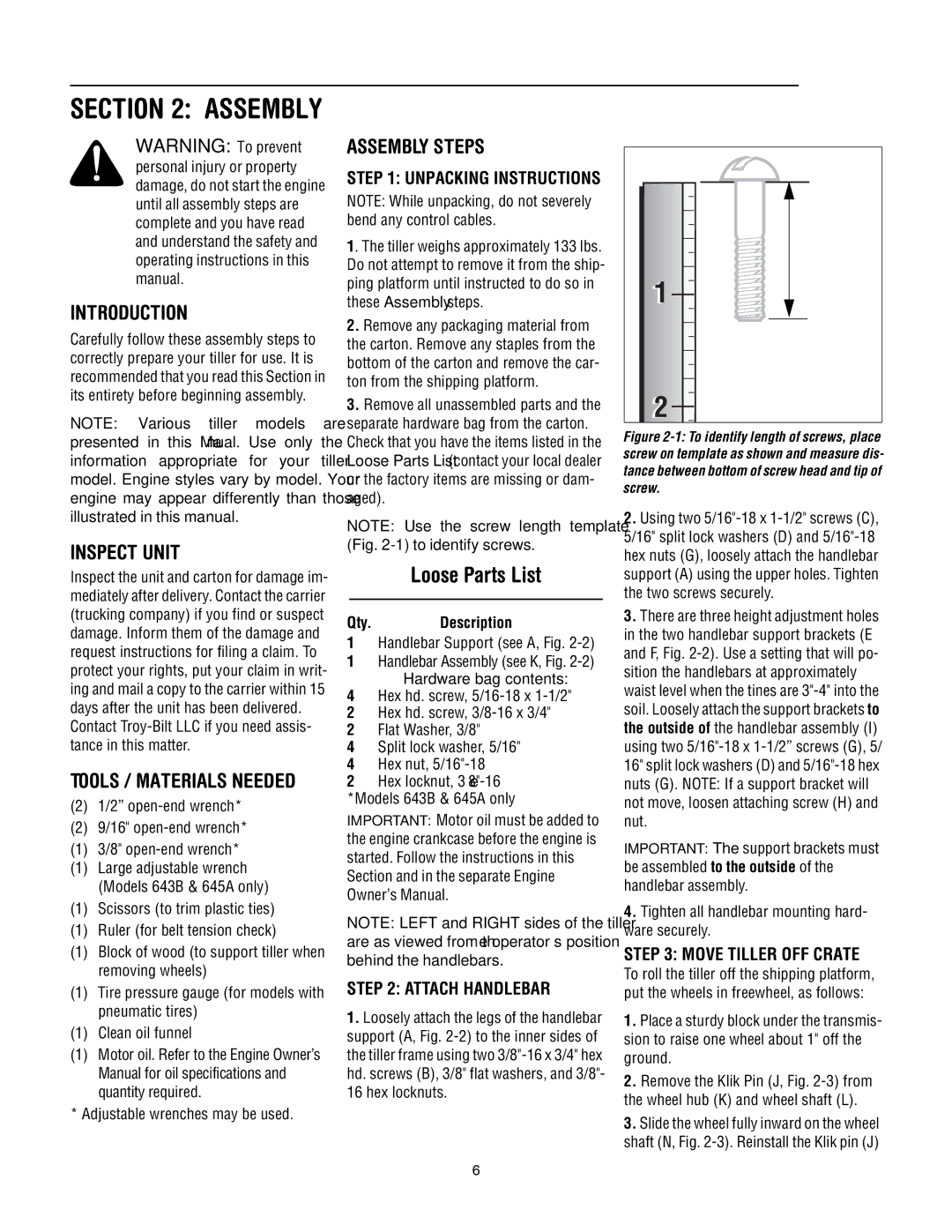 Troy-Bilt 643D-Tuffy/Bronco, 643B, 645A - Super Bronco manual Introduction, Inspect Unit, Assembly Steps 