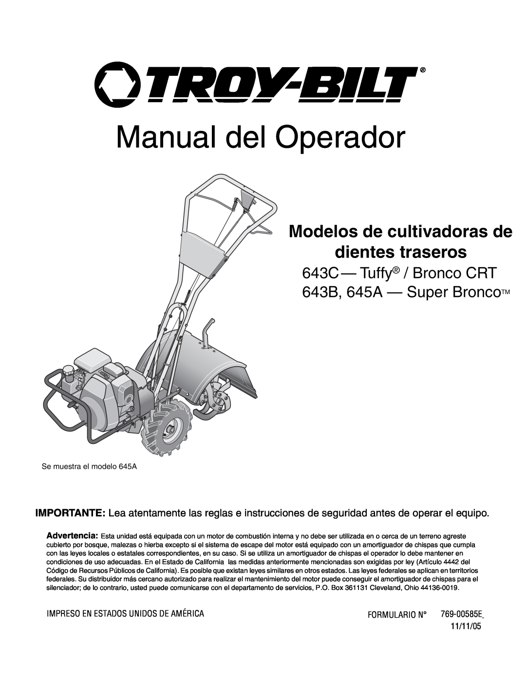 Troy-Bilt 643D, 645A, 643B manual Manual del Operador, Modelos de cultivadoras de dientes traseros 