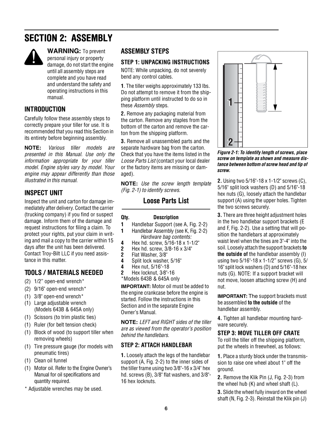 Troy-Bilt 643B Loose Parts List, Introduction, Inspect Unit, Assembly Steps, Tools / Materials Needed, Description 