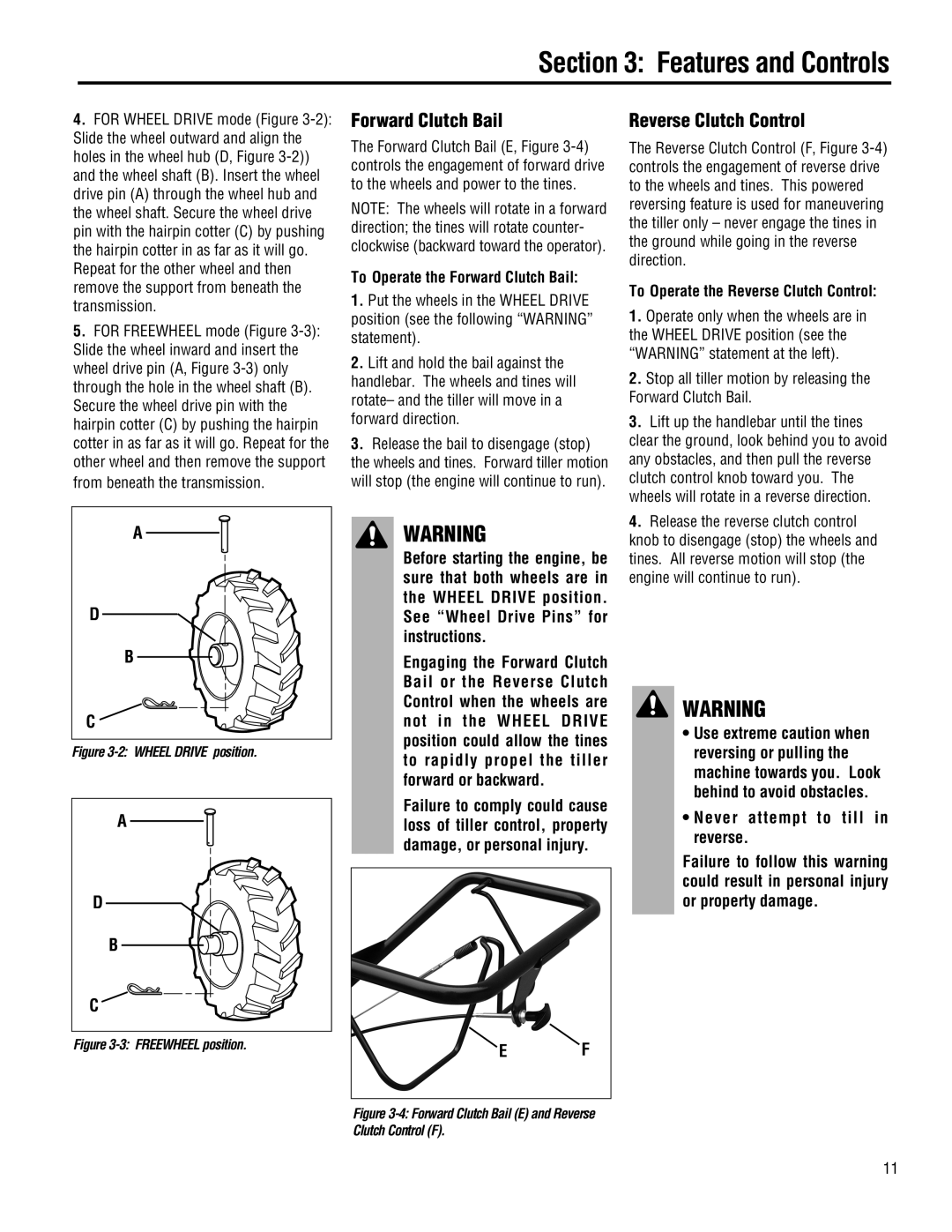 Troy-Bilt 645A-Bronco manual Reverse Clutch Control, To Operate the Forward Clutch Bail 