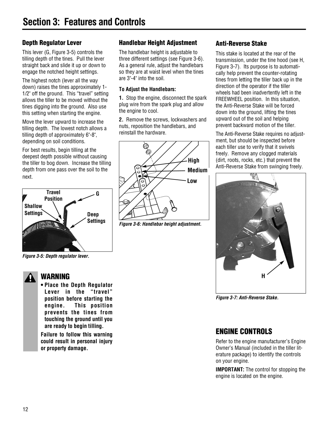 Troy-Bilt 645A-Bronco manual Depth Regulator Lever, Handlebar Height Adjustment, Anti-Reverse Stake, Shallow Settings Deep 