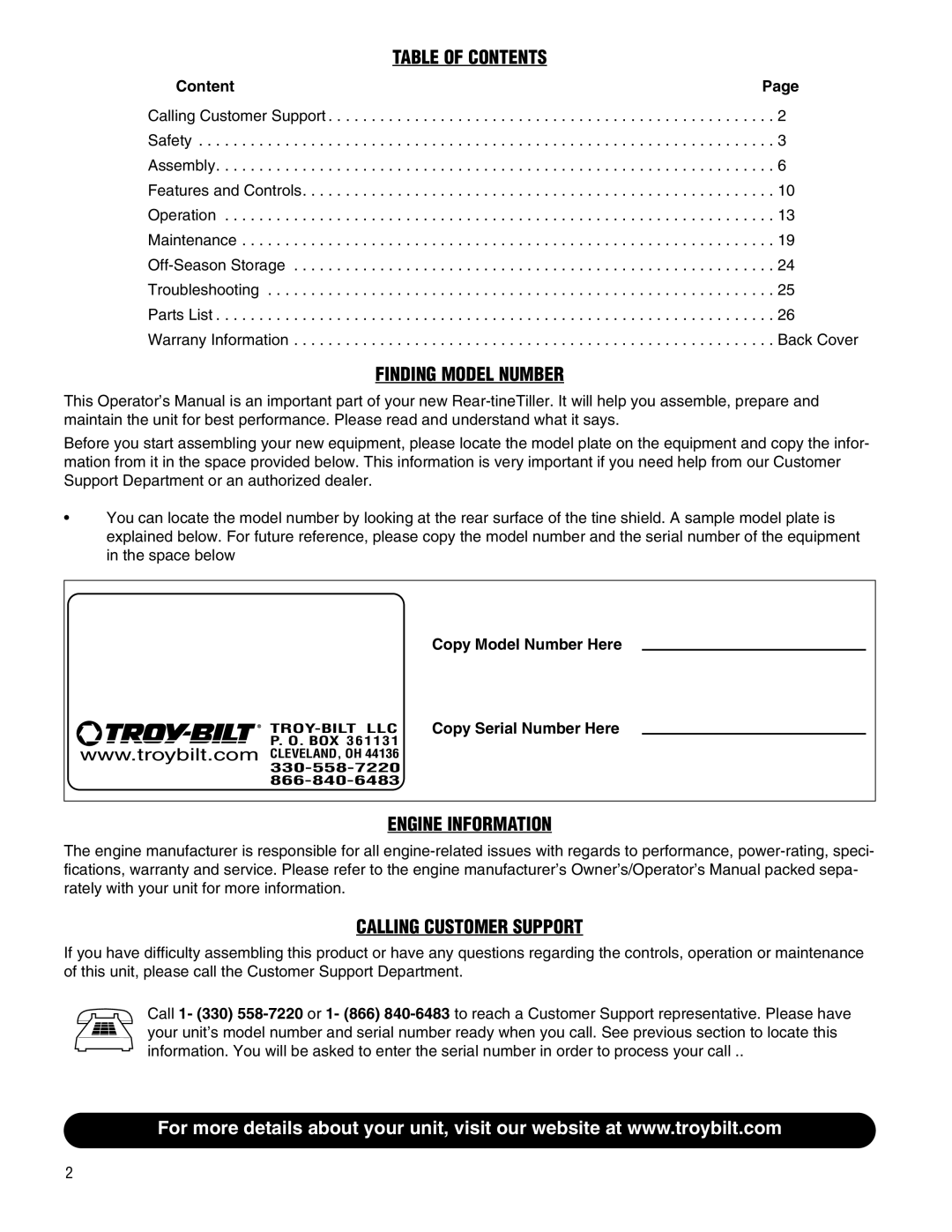 Troy-Bilt 645A-Bronco manual Table of Contents, Finding Model Number, Engine Information, Calling Customer Support 