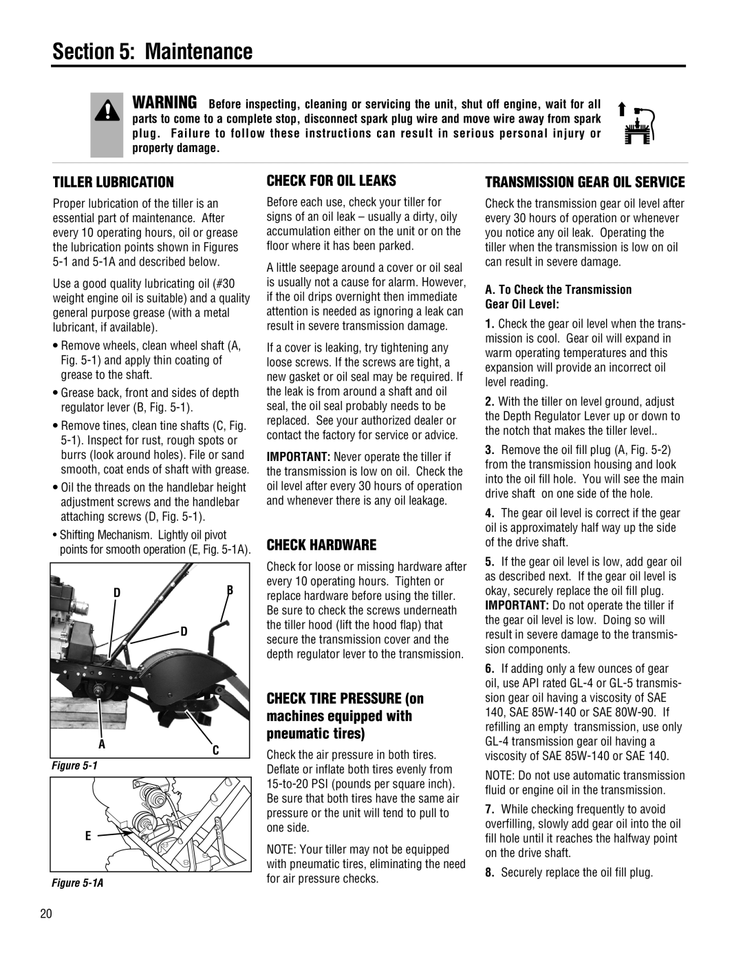 Troy-Bilt 645A-Bronco manual Tiller Lubrication, Check for OIL Leaks, Check Hardware, Transmission Gear OIL Service 