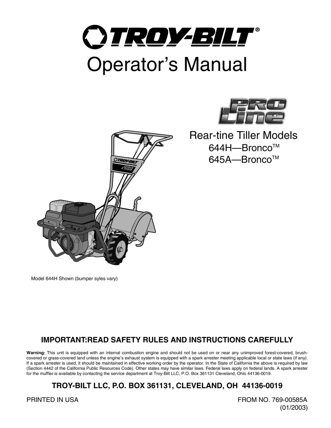 Troy-Bilt 645A-Bronco manual Importantread Safety Rules And Instructions Carefully, Operator’s Manual, FROM NO. 769-00585A 