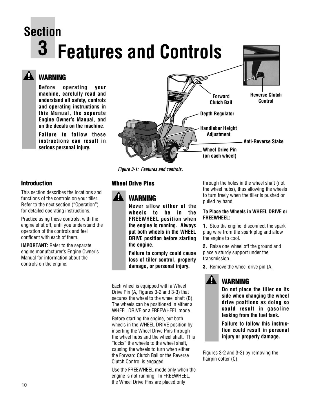 Troy-Bilt 645A-Bronco Features and Controls, Wheel Drive Pins, Forward, Clutch Bail, Adjustment, Section, Introduction 