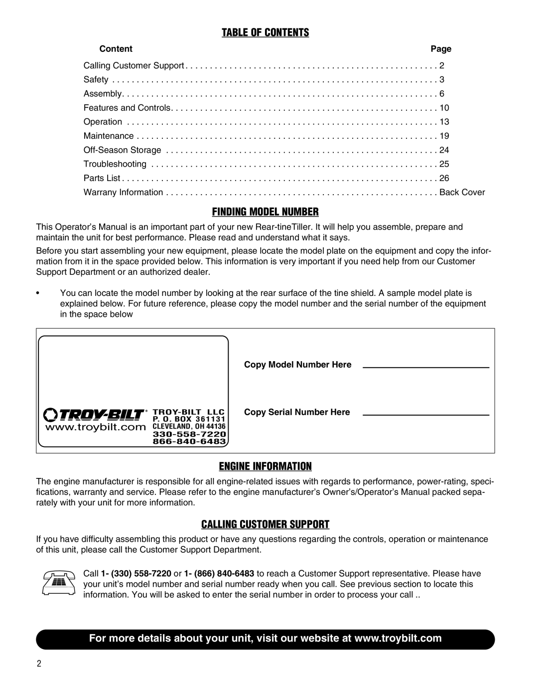 Troy-Bilt 645A-Bronco manual Table Of Contents, Finding Model Number, Engine Information, Calling Customer Support 