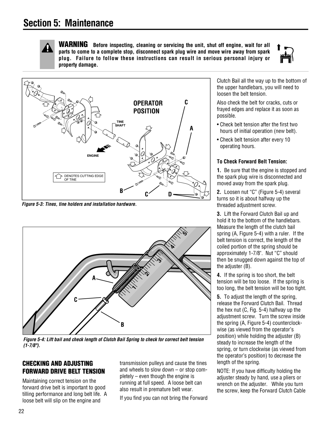 Troy-Bilt 645A-Bronco manual Position, Operator, To Check Forward Belt Tension, Maintenance 
