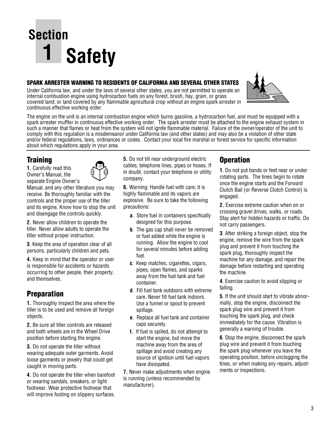 Troy-Bilt 645A-Bronco manual Safety, Section, Training, Preparation, Operation 
