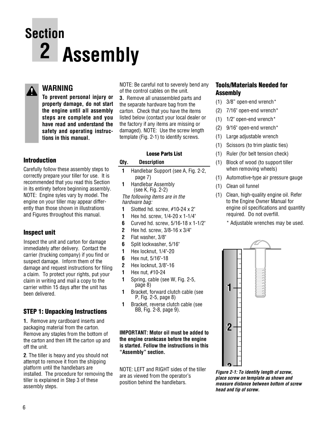 Troy-Bilt 645A-Bronco Introduction, Inspect unit, Tools/Materials Needed for Assembly, Unpacking Instructions, Section 
