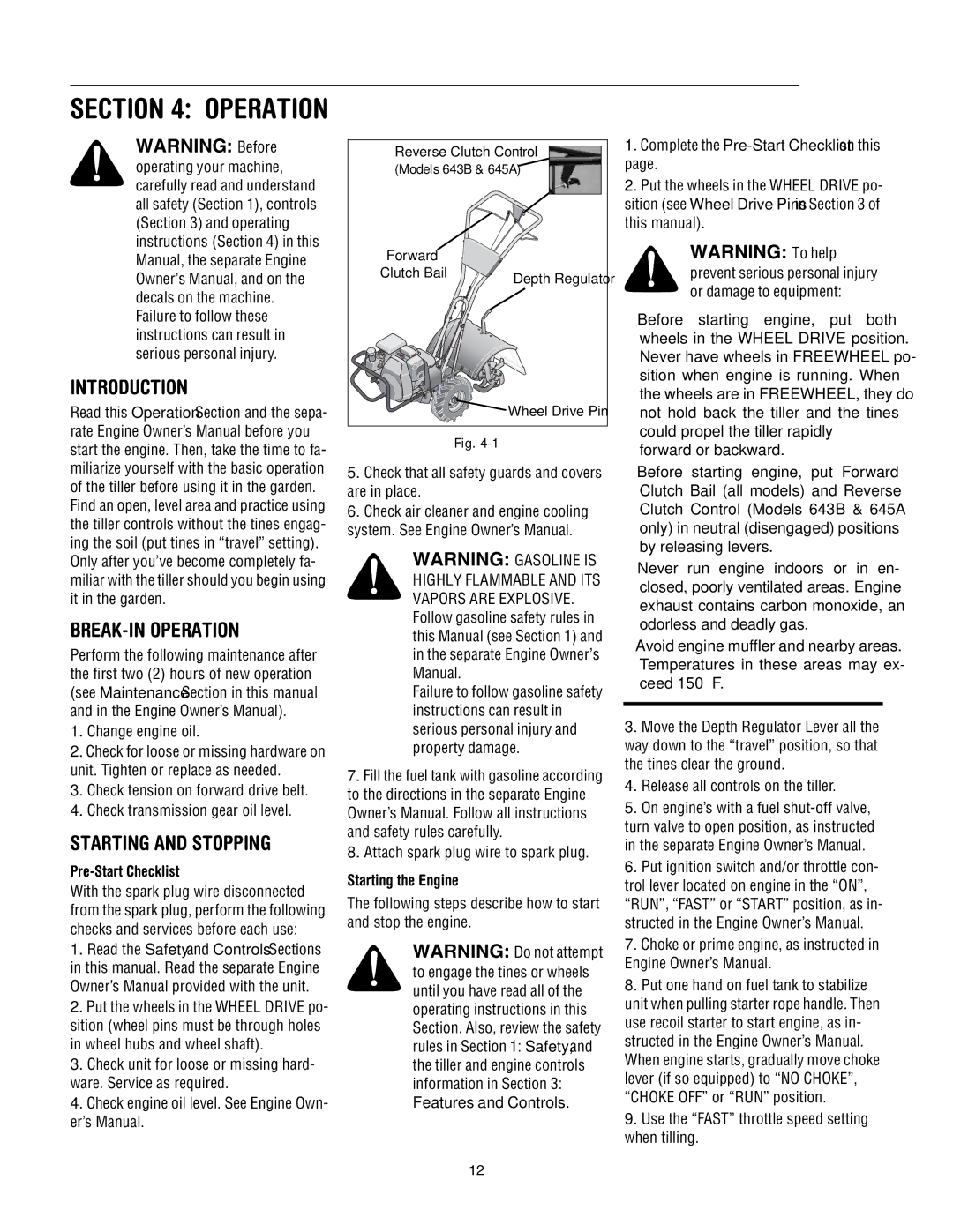 Troy-Bilt 645A Super Bronco, 643C Tuffy/Bronco Introduction BREAK-IN Operation, Starting and Stopping, Change engine oil 