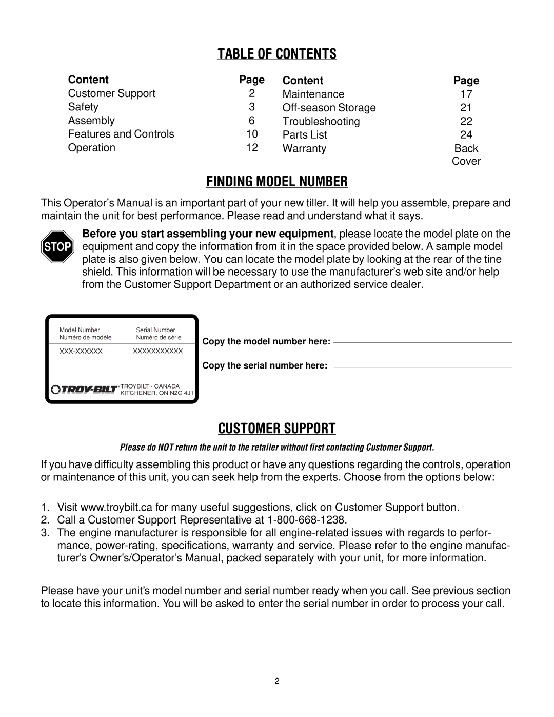 Troy-Bilt 645A Super Bronco, 643C Tuffy/Bronco manual Table of Contents, Finding Model Number, Customer Support 