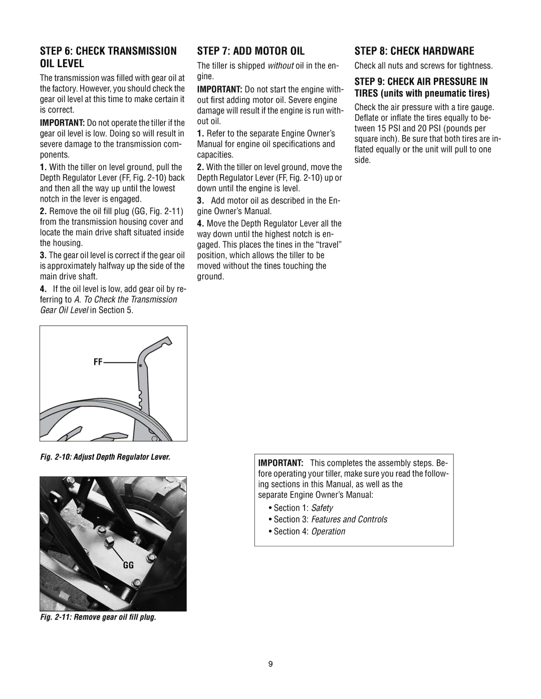 Troy-Bilt 643C Tuffy/Bronco, 645A Super Bronco manual Check all nuts and screws for tightness, Safety, Operation 