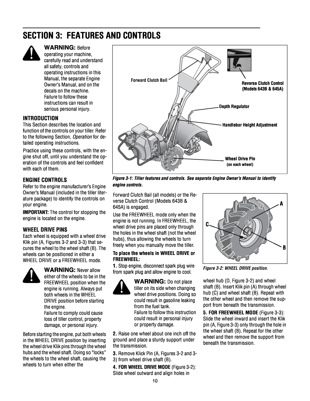 Troy-Bilt 645A Super Bronco manual Features And Controls, WARNING Before, Introduction, Engine Controls, Wheel Drive Pins 