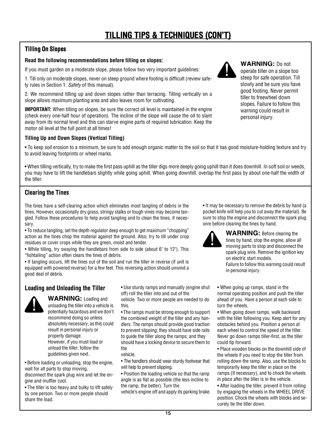 Troy-Bilt 643C Tuffy/Bronco manual Tilling Tips & Techniques Con’T, Tilling On Slopes, WARNING: Do not, Clearing the Tines 