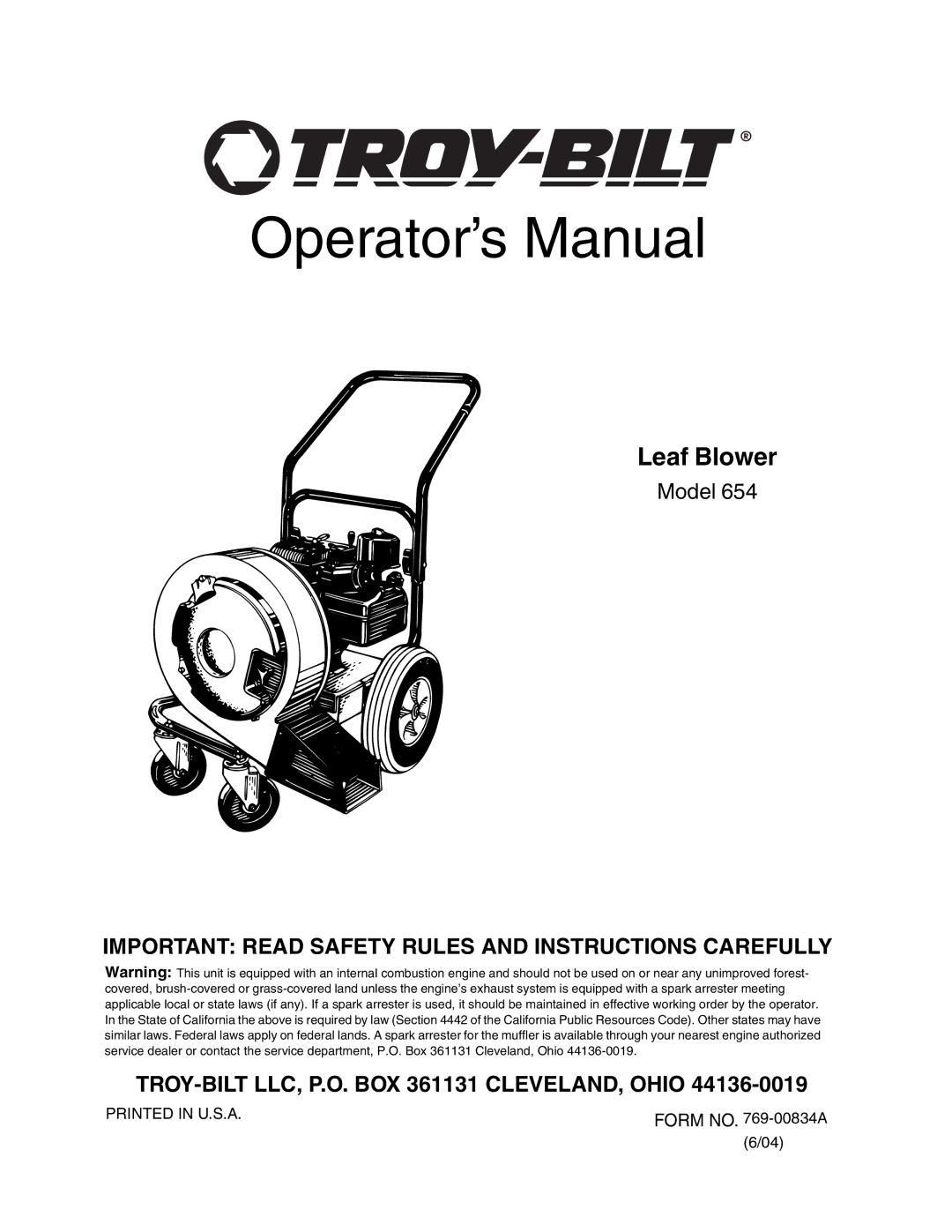 Troy-Bilt 654 manual Operator’s Manual 