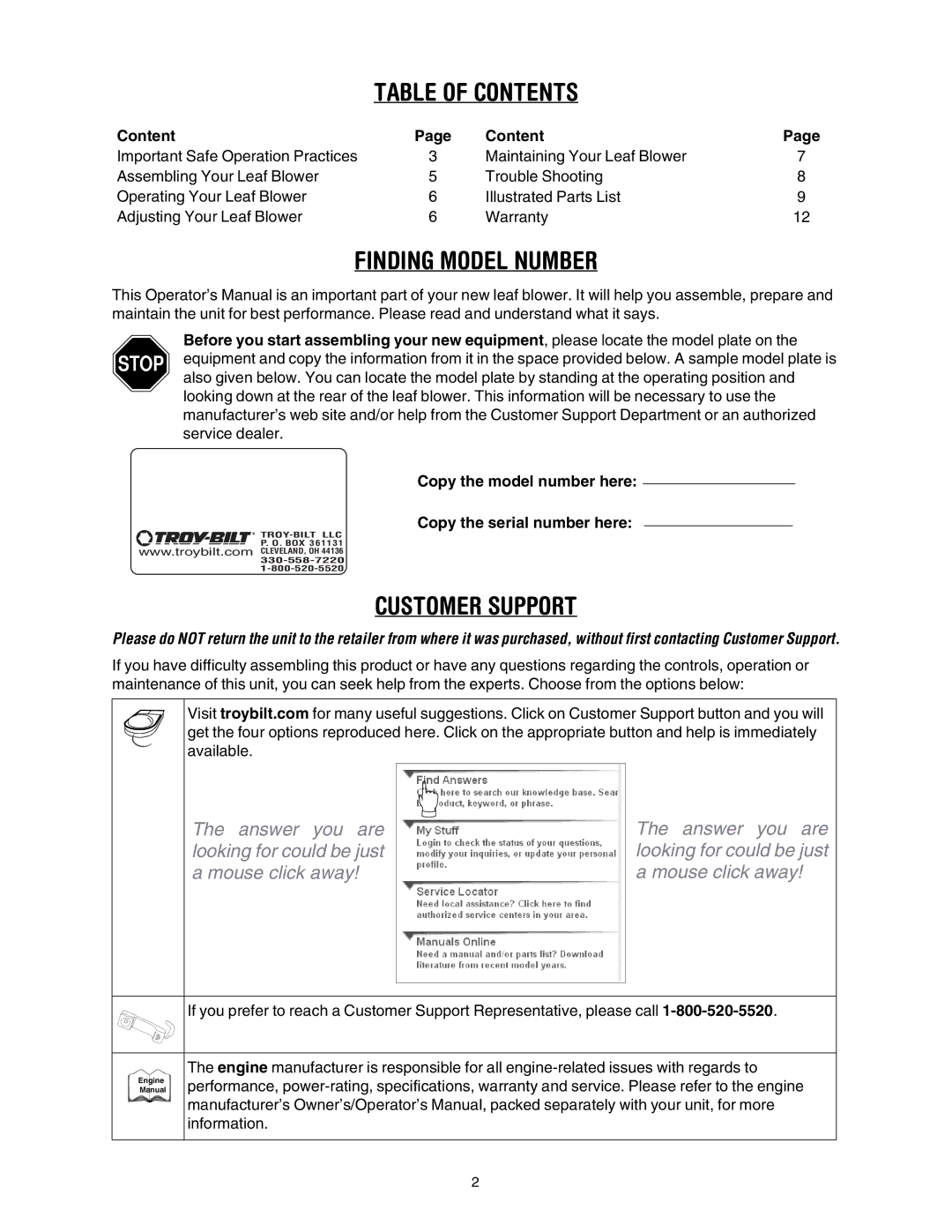 Troy-Bilt 654 manual Table of Contents 