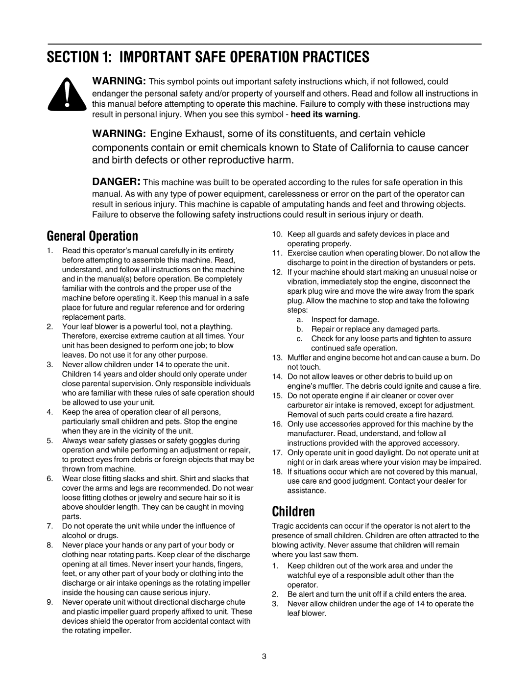 Troy-Bilt 654 manual Important Safe Operation Practices, General Operation, Children 